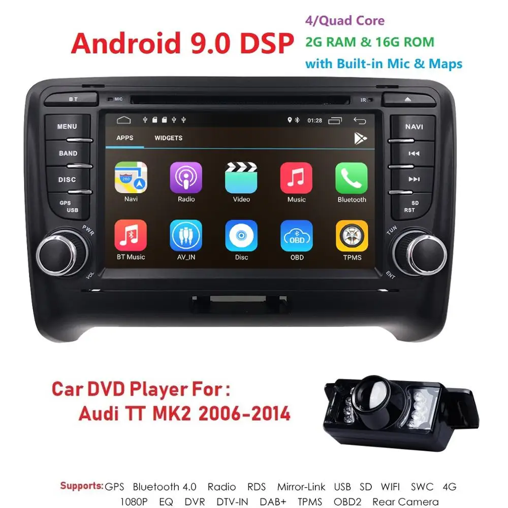 Android 9,0 4-х ядерный Автомобиль Радио Стерео DVD плеер gps навигации для AUDI TT MK2 DAB OBD2 Bluetooth головное устройство+ задняя Камера+ карта