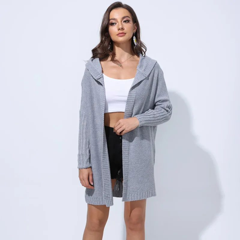 

Европейский и американский новый стиль, однотонный Повседневный свитер, женский осенне-зимний Свободный вязаный кардиган с капюшоном, курт...