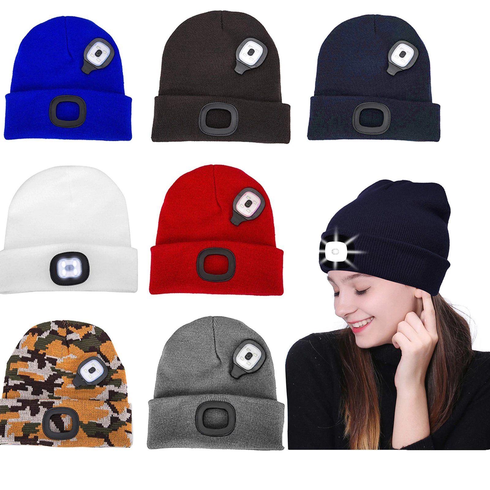 

Шапка-бини трикотажная унисекс, светодиодный фонарь с зарядкой от USB, теплое зимнее трикотажное освещение