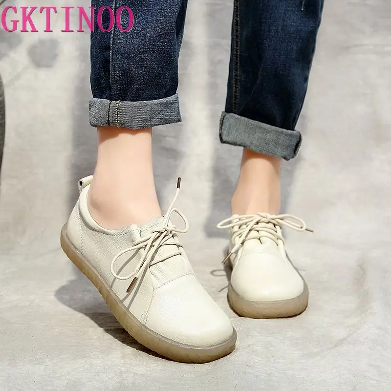 

GKTINOO 2020 Women's Handmade Shoes Genuine Leather Flat Lacing Shoes Woman Loafers Soft Single Casual Flats Shoes Women