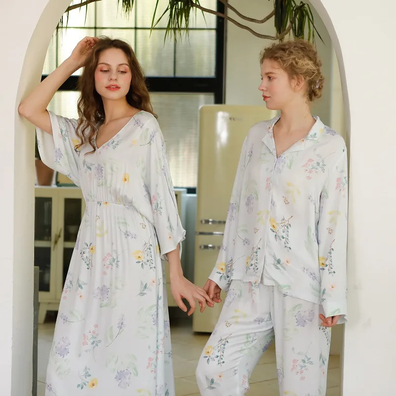 

Viscose Loose female's Sleepwear Fashion Foral Night Dress Three Quarter Sleeve Casual Nightwear Delicate Home Clothes