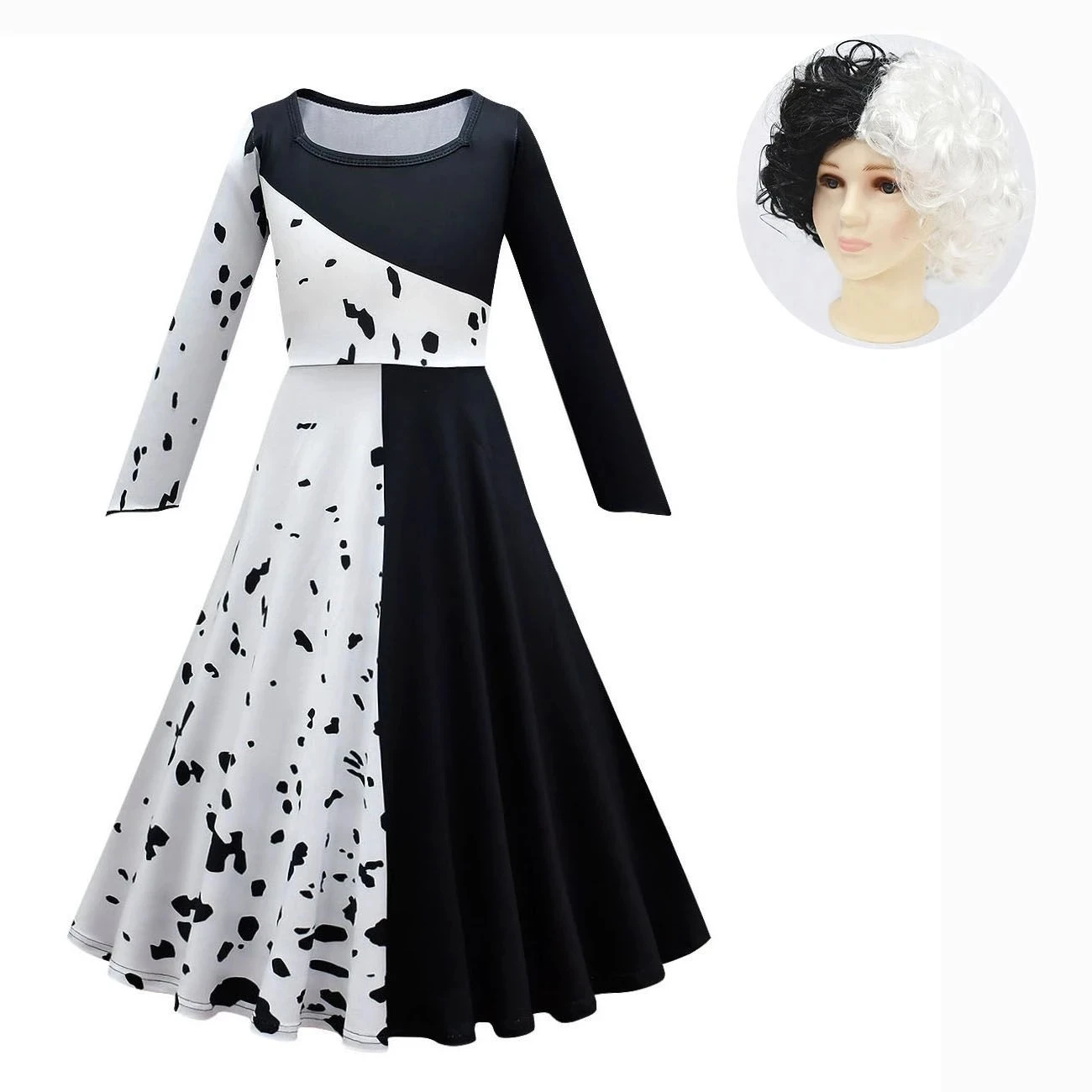 Женский костюм горничной Cruella De Vil черно-белый в горошек для Хэллоуина |