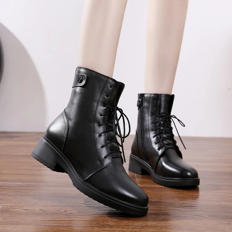 Женские сапоги из воловьей кожи теплые плюшевые первого слоя на среднем толстом