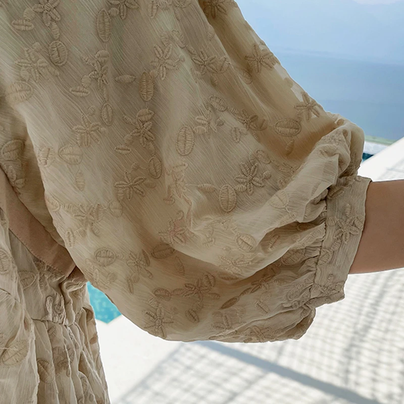 

High End Women Lace Embroidery Stitching Loose Short Puff Sleeve Dress Holiday Elegant Ladies Casual Vacation Dress Summer New