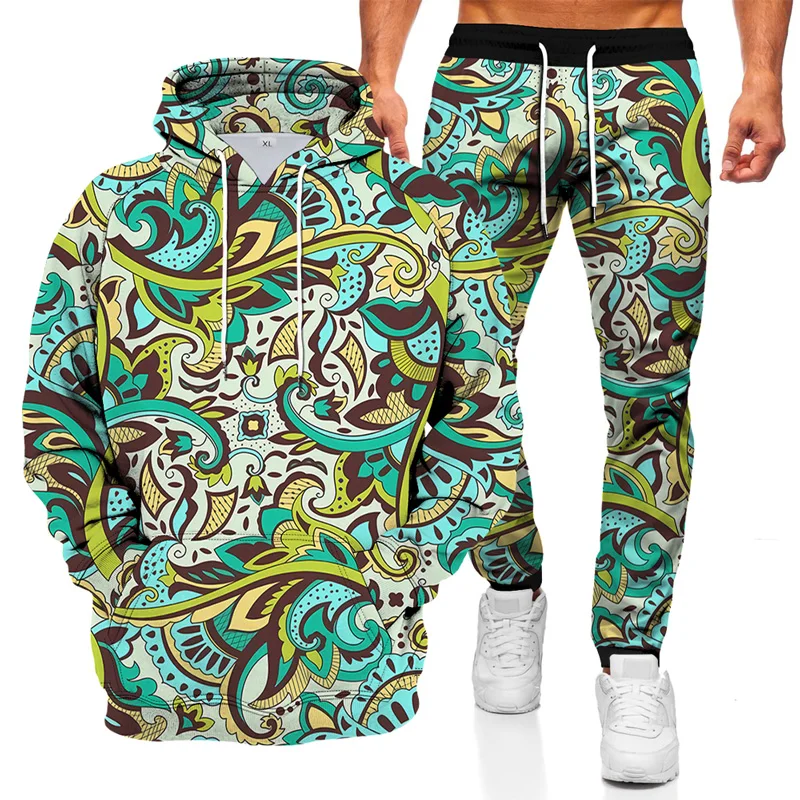 

New European and American sportswear suit men's casual two-piece 3D retro printing suit spring and autumn sweater men's jacket