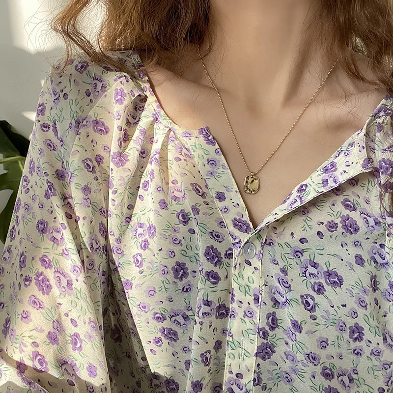 

V-neck Chiffon Shirt Women Sweet Tops Blouse 2021 Spring New Korean Floral Print Long Sleeve Casual Loose Slim Lady Clothes