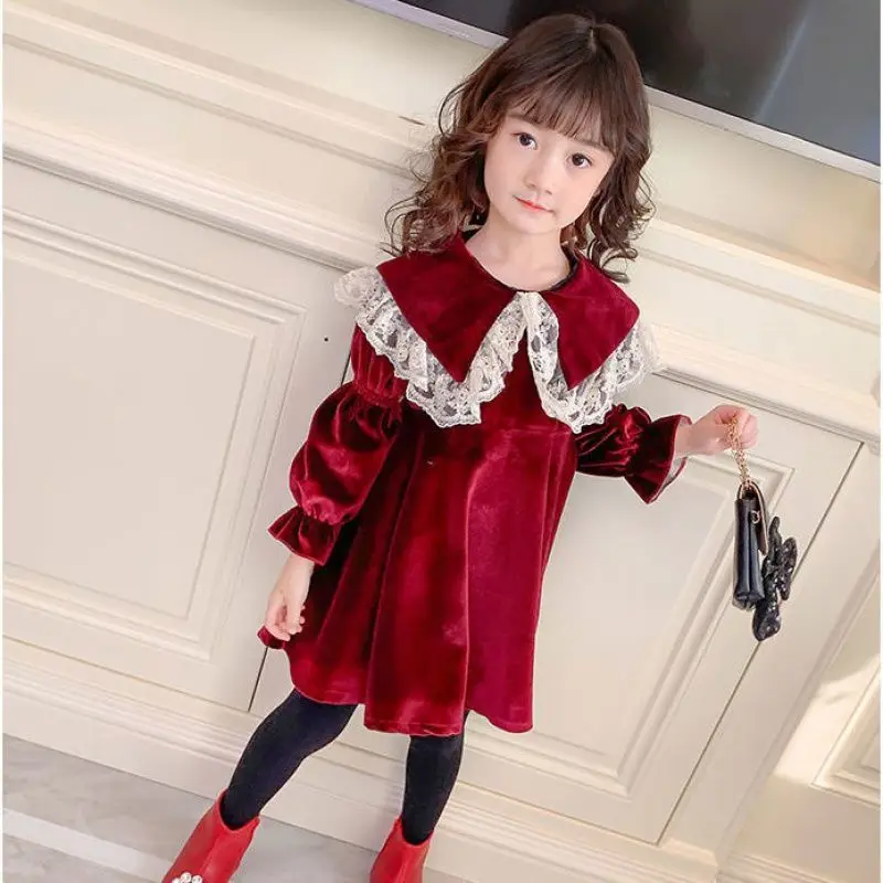 

Burgundy Velvet Winter Dress Girls Christmas Kid Outfit Lace Flower Princess Elegant Dresses Children Clothes 4-14 girls dress