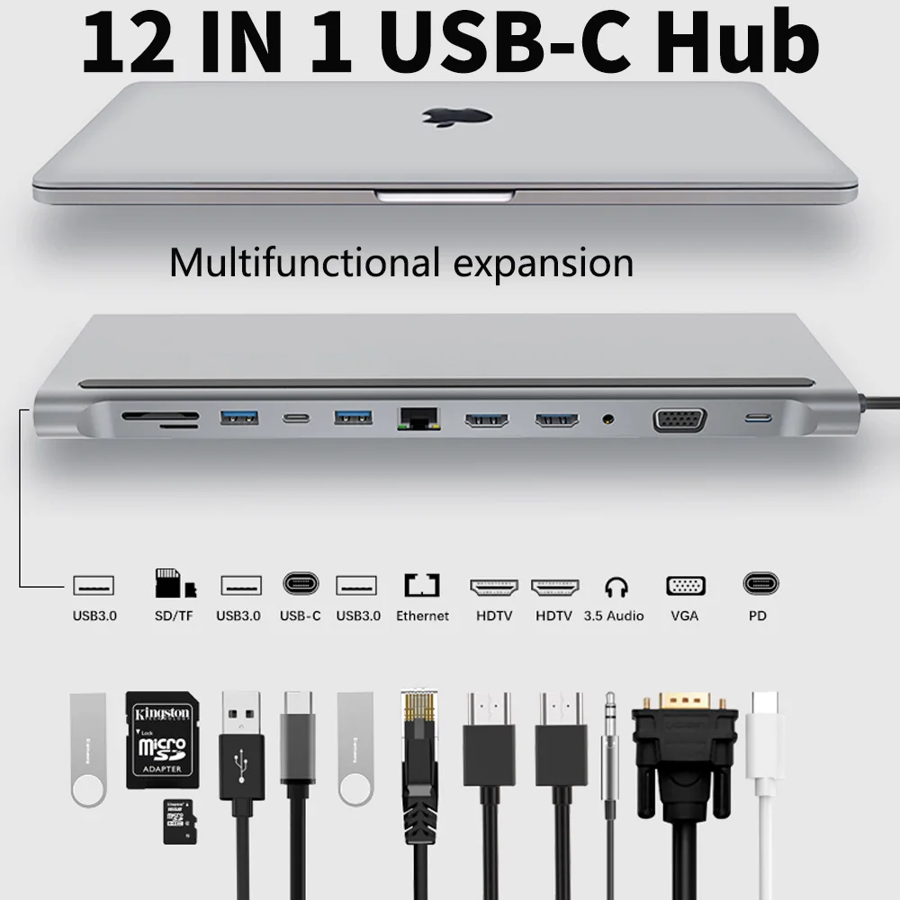 tebe 11 в 1 адаптер концентратора MST USB-C Тип c - 4K HDMI VGA Multi USB LAN Ethernet SD / TF кард-ридеры с 3