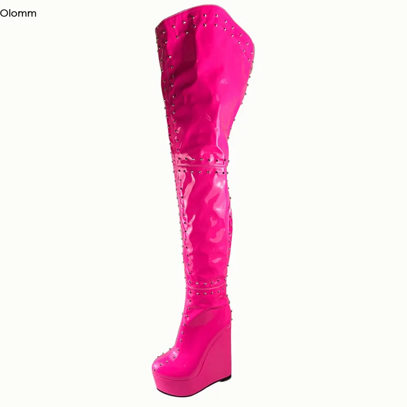 

Olomm 2020 Women Platform Sexy Studded Thigh High Boots Wedges Heels Boots Round Toe Fuchsia Club Shoes Women Plus US Size 5-20