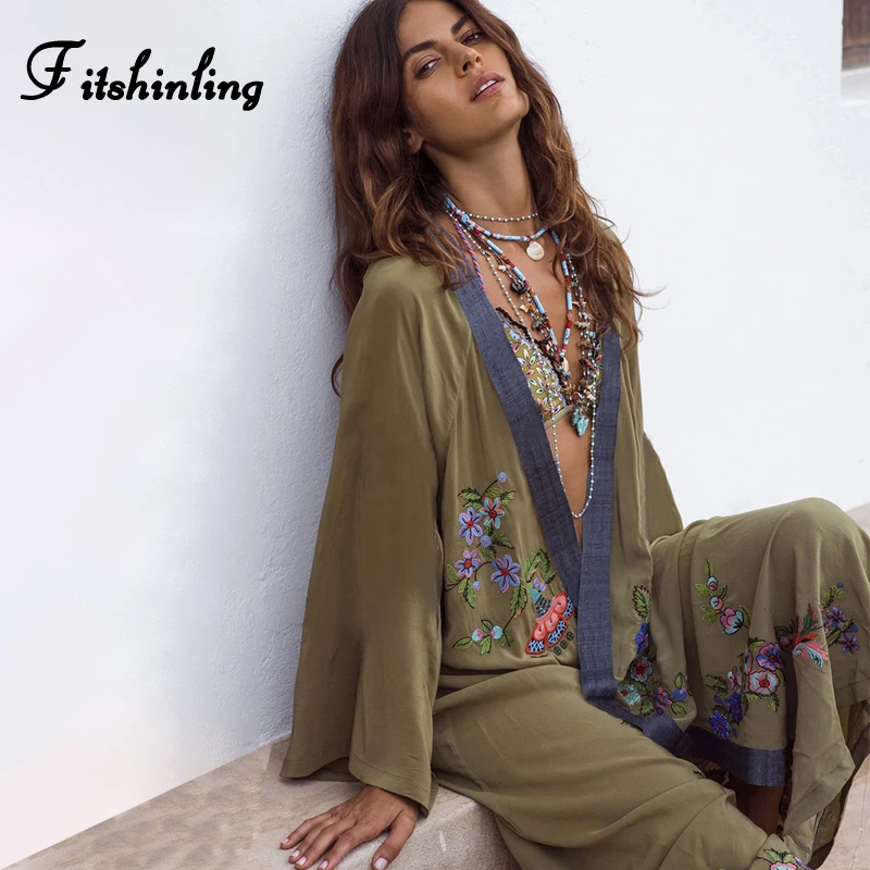 

Fitshinling Flowers Embroidery Beach Kimono Holiday Army Green Vintage Swimwear Cover-Ups Long Sleeve Autumn 2020 Outer Cover