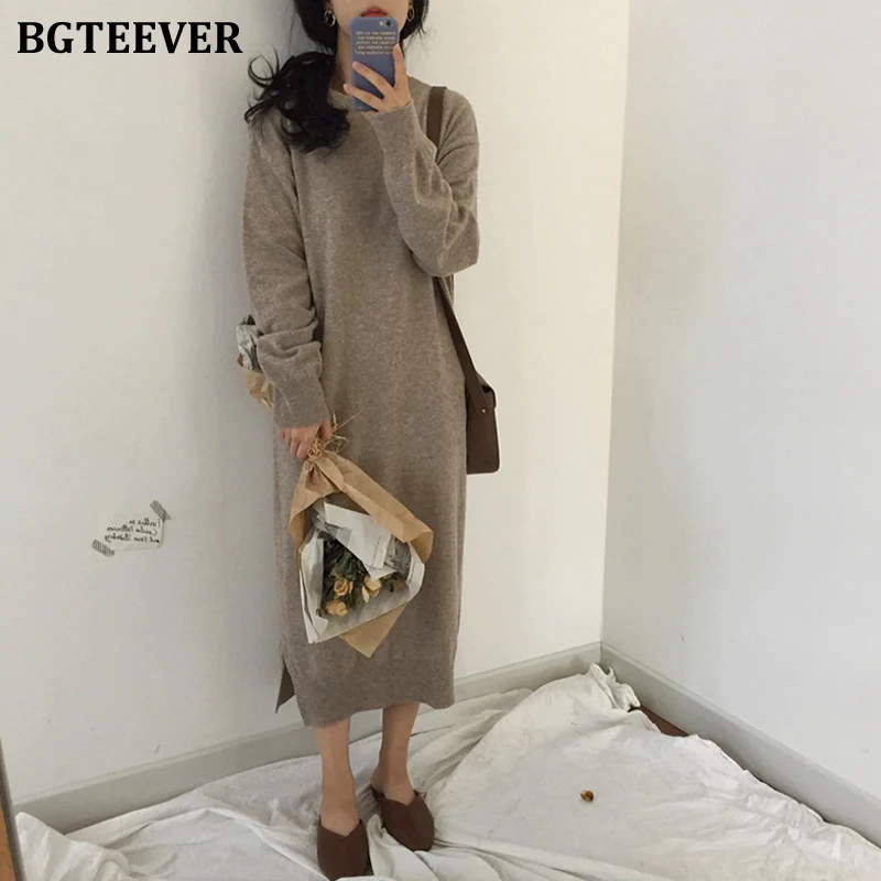 Платье Свитер женское осенне зимнее трикотажное с круглым вырезом|Женские