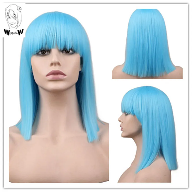 

Белый короткий прямой парик с челкой, Женский синтетический парик, синий термостойкий светильник