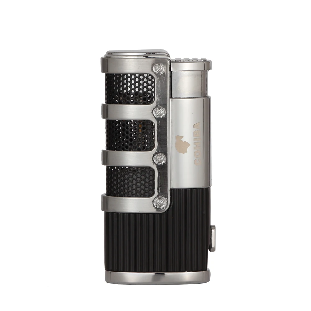 Зажигалка COHIBA металлическая карманная Бутановая Зажигалка для Сигар Зажигалка газовая ветрозащитная 3 струйная модная Зажигалка для Аксессуары для сигар W/Подарочная коробка - Цвет: Черный