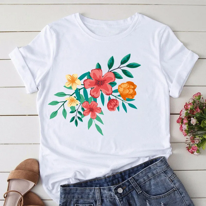 

Women T-shirt Short-sleeved flower Print Tops Summer Casual Ladies Harajuku Plus Size Graphic Woman T Shirt