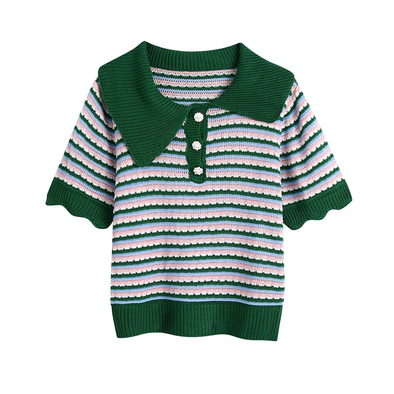 

Vintage lapel striped sweater for lady summer Chic fashion pullover sweater women 2021 Streetwear casual slim sweater female