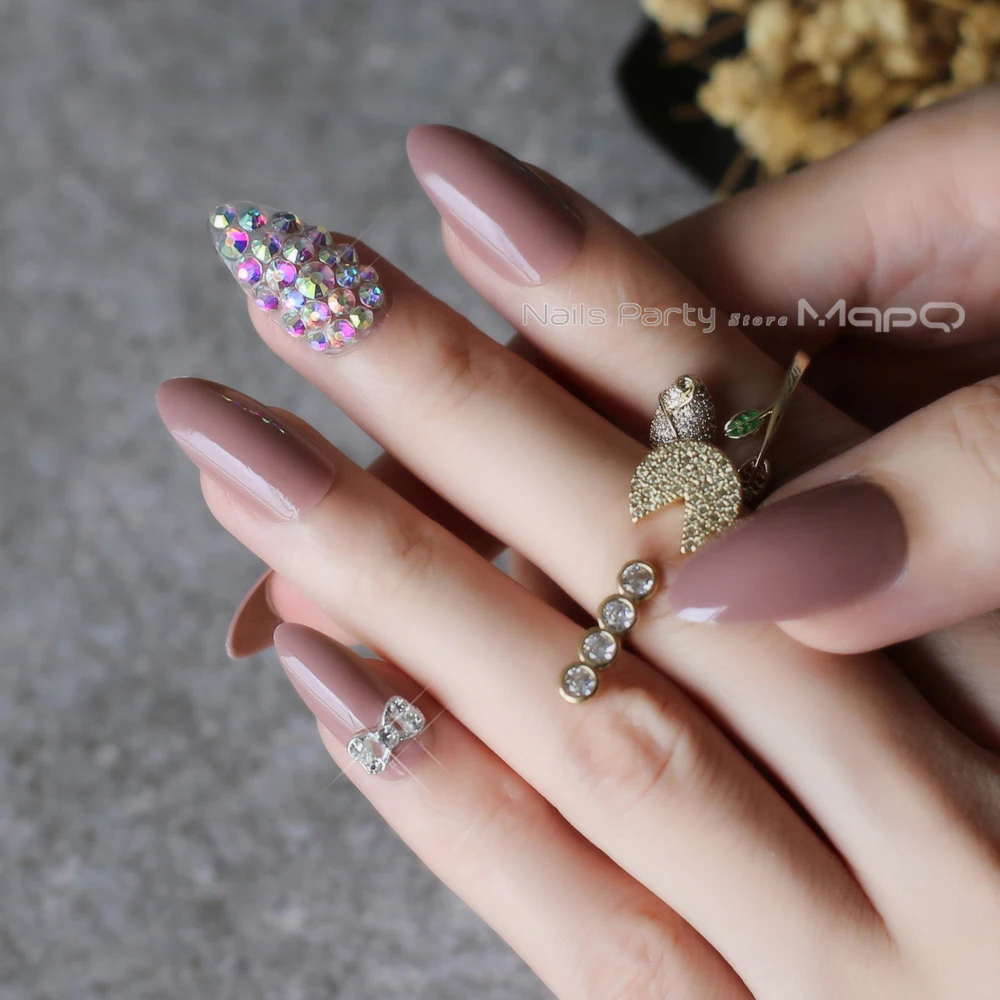 Тонкие накладные ногти УФ красные полностью хрустальные с бантом цветочные