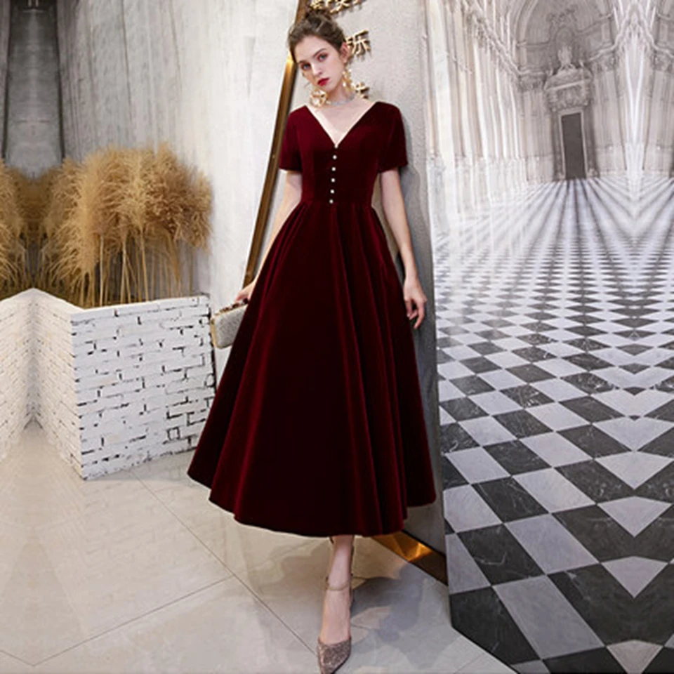 Бордовые вечерние платья 2021 велюровые женские с коротким рукавом для выпускного