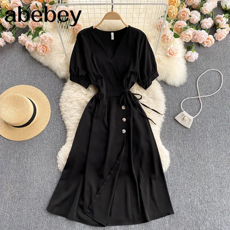 

Women Sweet French Dress Elastic Ruched V Neck Short Sleeve A-line Dresses Summer Casual Streetwear Midi Dress