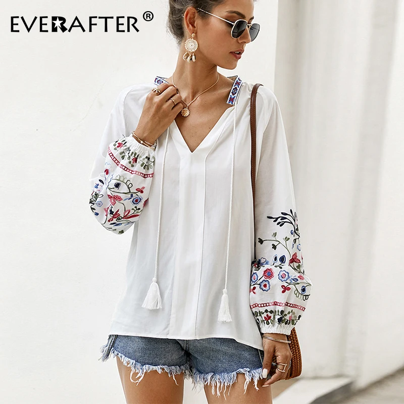 EVERAFTER элегантная женская блузка с вышивкой свободная рубашка длинным рукавом