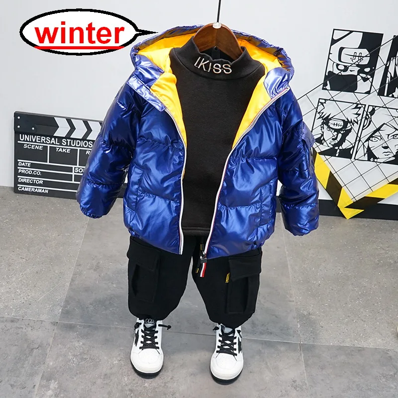 3pcs/Set Kids Suit Winter Boys Warm Down Jacket +Plus Velvet T-Shirt +Thick Pants Sport Outfit Children Clothing 2-6Yr