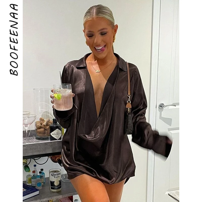 

BOOFEENAA платье-рубашка с глубоким V-образным вырезом и длинным рукавом для женщин 2021 осенняя одежда искусственное коричневое атласное мини-пл...
