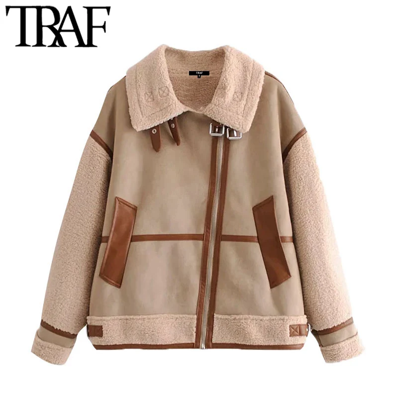 

TRAF Women Fashion Patchwork Faux Fur Oversized Jacket Coat Vintage Long Sleeve Pockets Female Outerwear Chic Tops