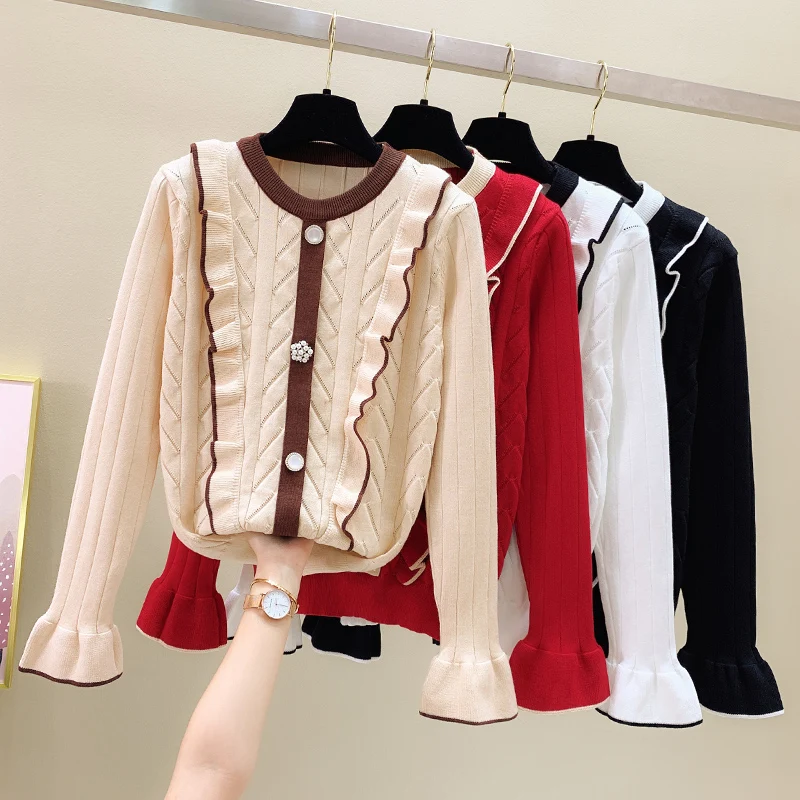 

Милые модные женские пуловеры в Корейском стиле с красной оборкой, Осень-зима 2021, одежда, свитер, топы, блузка, женские пальто