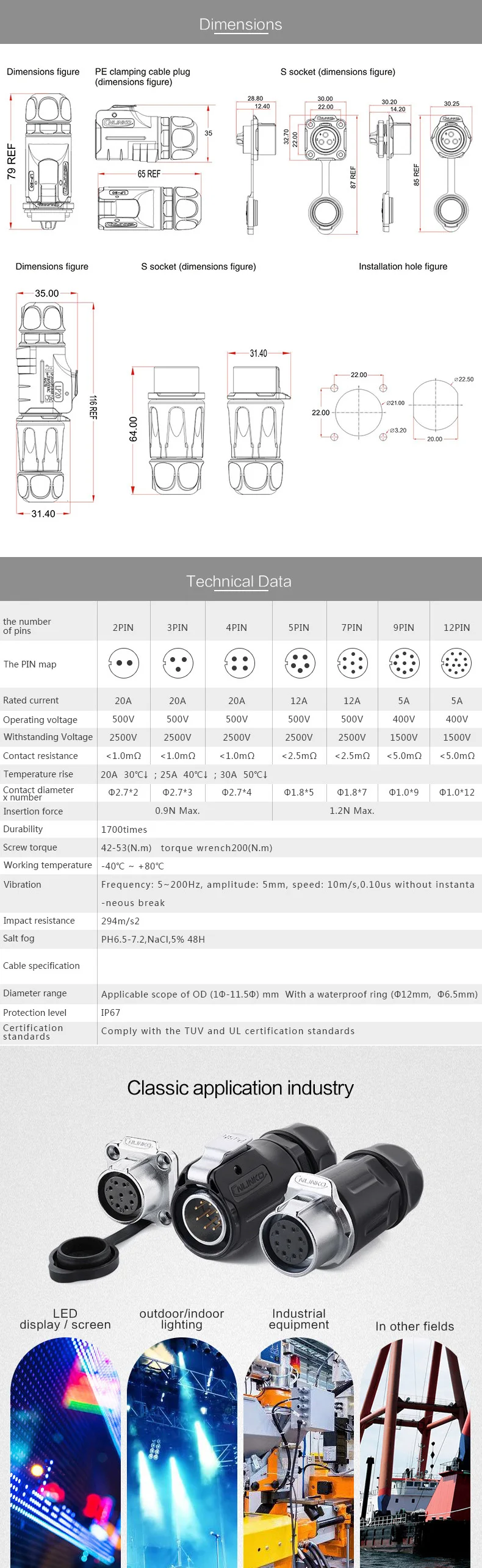Электроника IP67 12 pin водонепроницаемый разъем Монитор ТВ кабель питания/панель разъем круглый пастик полу-металлический разъем