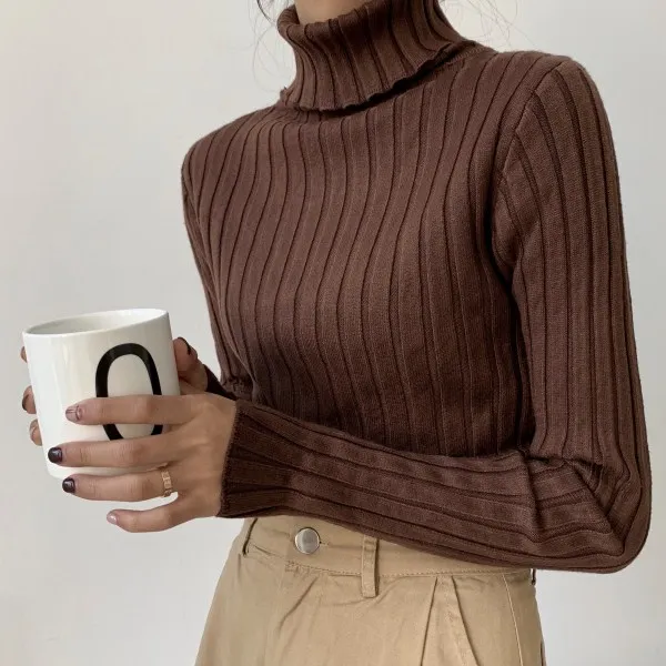 Водолазка розовый свитер женский 2019 тонкий в полоску толстый теплый корейский