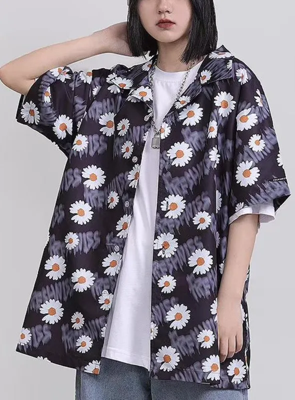 

2020 Blouses Women Shirt Short Sleeve Daisy Lapel Retro Loose Couple Wear Base Shirt Female Tops Summer New shirts Oversized