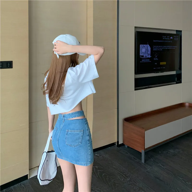 

2021 Hollow washed denim skirt woman High waist asymmetric button short skirt female Fashionable streetwear summer skirts