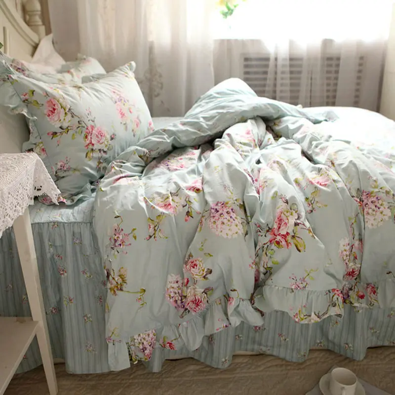 

European Flower Print Bedding Set Rustic Duvet Cover Bedding Wrinkle Bedspread Bed Sheet for Wedding Pillowcase Bed Clothes