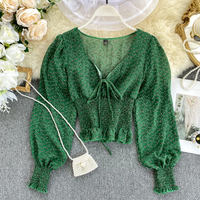 

Women's Vintage Floral Chiffon Shirt V-Neck Design Print Lantern Sleeves To Shrink Waist Spring Autumn Blouse Short Top ML640