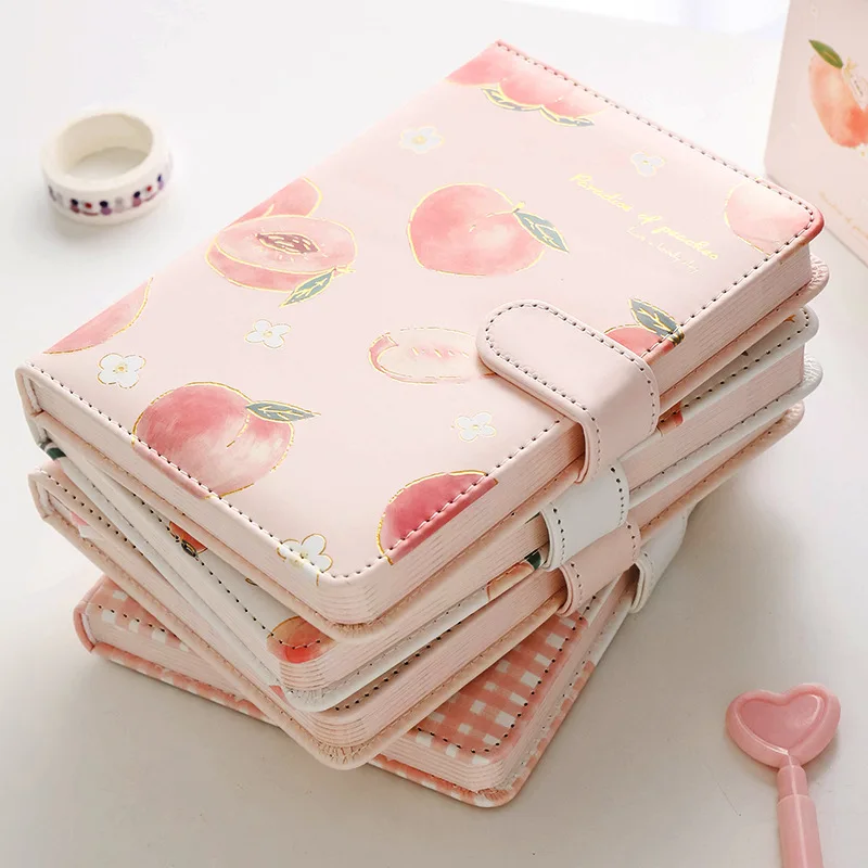 Cute Peach Design Diary Planner for Girl Student Kawaii Small Fresh Color Page PU Magnetic Agenda Journals Notebooks Stationery