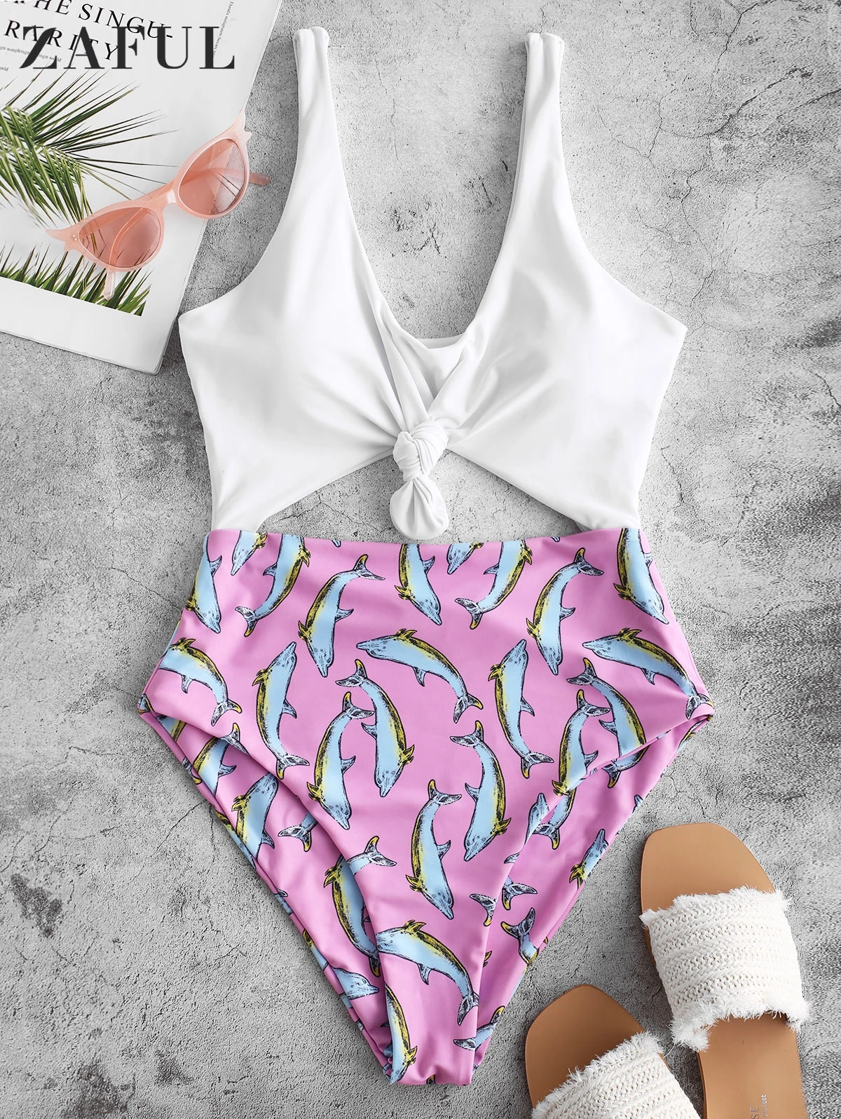 

ZAFUL Knot Dolphin Print Cutout One-piece Swimsuit Women Summer Bikinis Set Sexy High Waist Female Swimwear