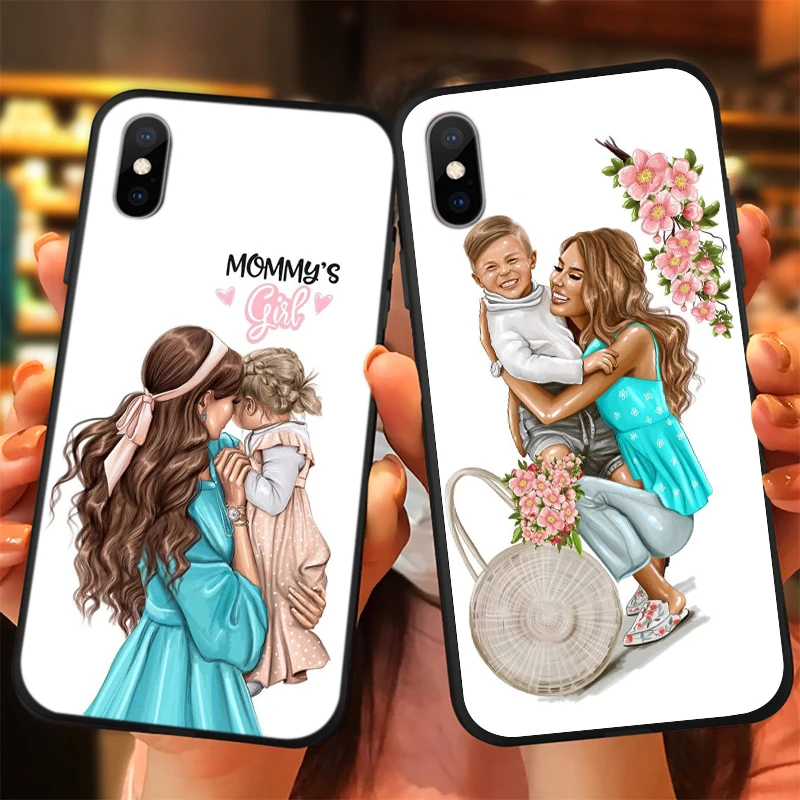 black cover hot mom and baby girl for apple iphone 12 mini 11 xs pro max x xr 8 7 6 6s plus se 2020 5 5s phone case free global shipping