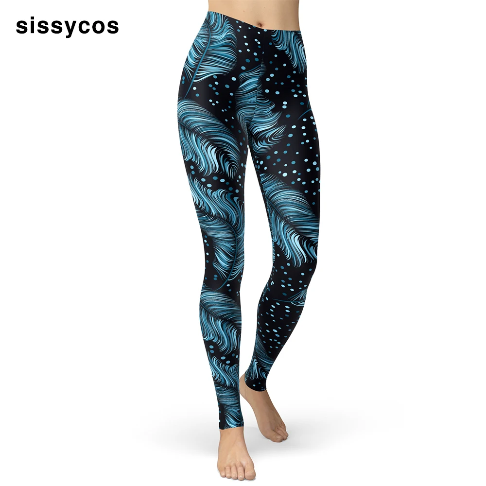 

Feather Printed Leggings for Women Girls Blue Dots Stretch Brushed Buttery Soft Push Up Pants Plus Size Elastic Band Trousers