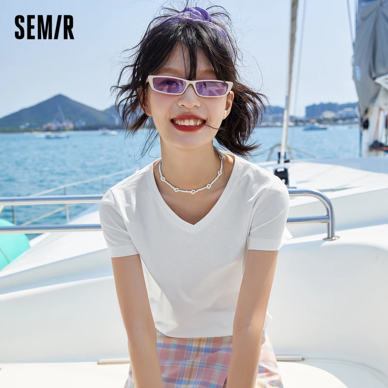 Футболка SEMIR женская оверсайз с V-образным вырезом однотонная белая хлопковая
