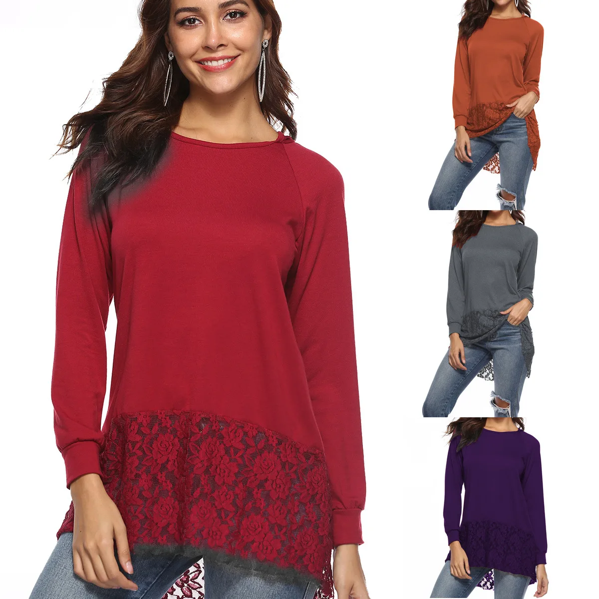 Новая весенняя женская футболка с капюшоном популярная Кружевная длинным