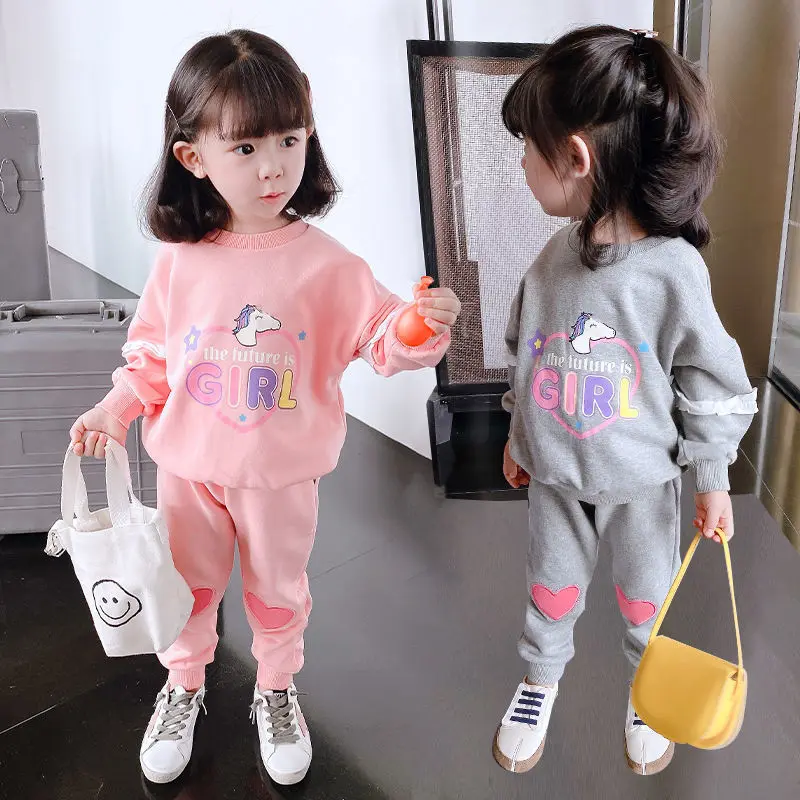 

2021 spring and autumn new children's cartoon suit girls cartoon long-sleeved sweater + sweatpants cotton casual two-piece suit