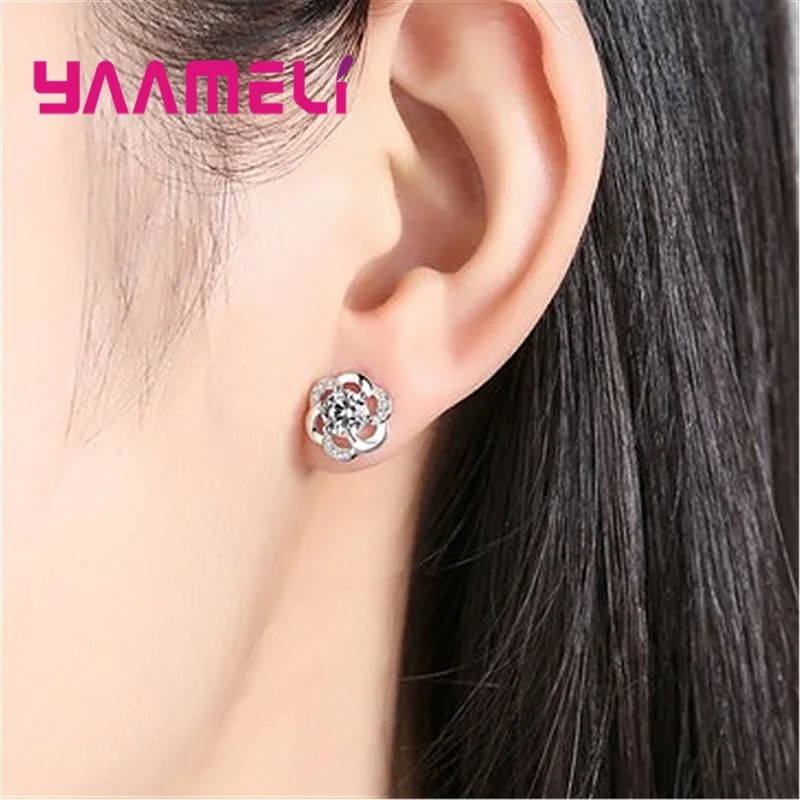 

Delicate Crystal Earrings White Clear Cubic Zircon Flower Stud Earrings For Women Girl Wedding 925 Sterling Silver Ear Jewelry