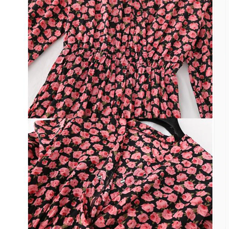 

Elegant Chiffon Pleated Midi Dress 2021 Spring Fashion Women Long Sleeve Ruffles Print Dresses Elastic Waist Vintage Vestidos