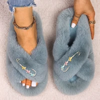 fur sandals colorful butterfly pin fluffy slippers fashion faux fur slides ladies flip flop women designer slippers female shoes