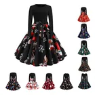 Зимние рождественские платья, Женский винтажный халат с принтом, элегантное вечернее платье с круглым вырезом, сексуальное Новогоднее платье с длинным рукавом