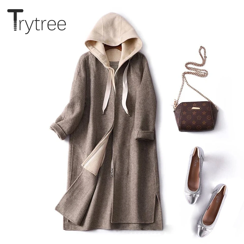 Trytree/осенне-зимнее женское повседневное пальто на молнии с капюшоном и карманами