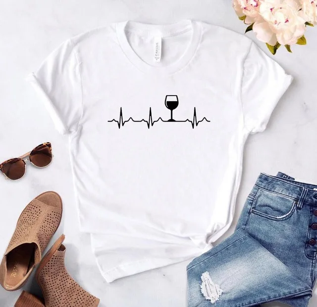 

Wine Heartbeat Print Graphic Tshirt Women Short Sleeve Loose Vogue Couple Tshirt 20s Summer Women Tee Shirt Tops Camisetas Mujer