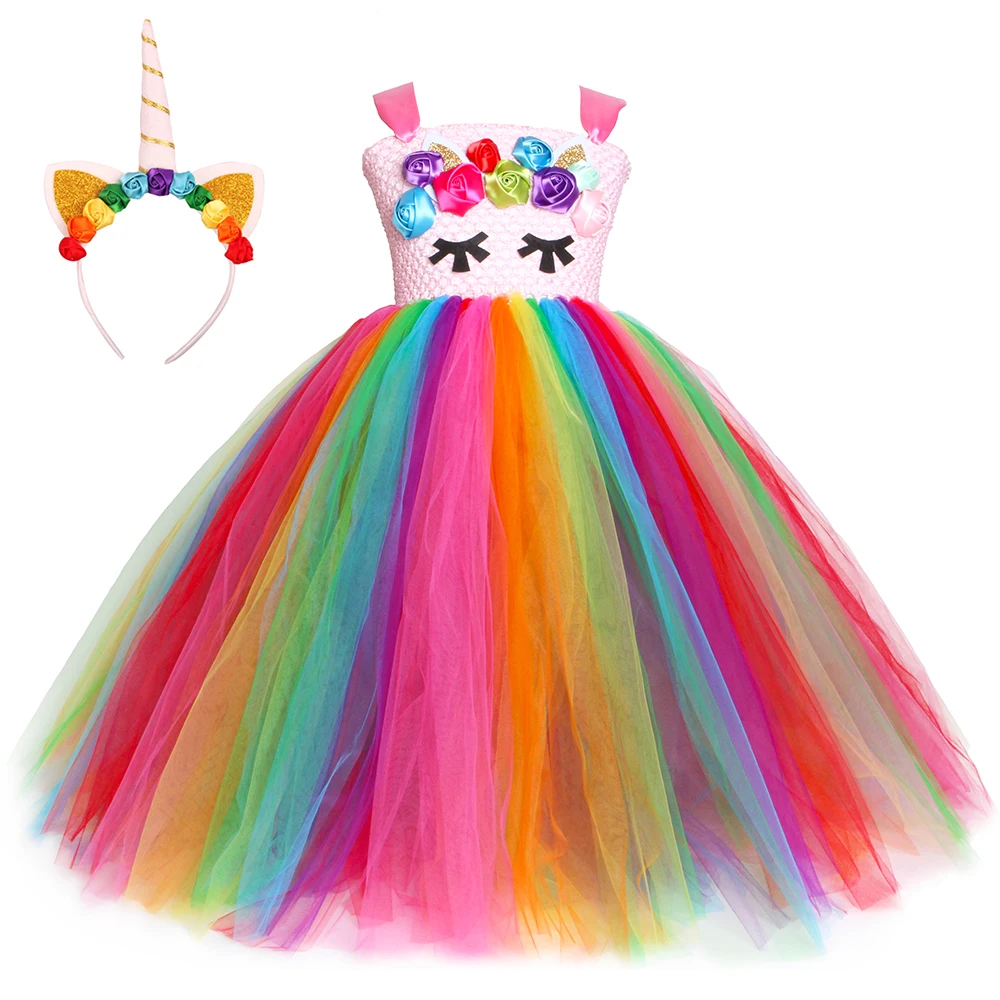 Bright Rainbow Unicorn Tutu Dress Princess Flower Girl Birthday Party Dresses Kids Girls Halloween Costume Clothes 1-14Y | Детская