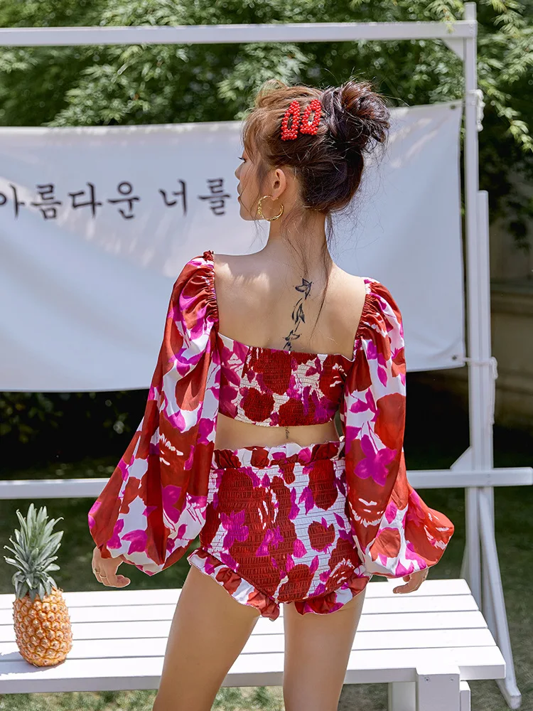 

Retro Print Split Two-Piece Long Sleeve Puffed Sleeves High-Waisted Thin Strip of Conservative Small Chest Swimwear Female