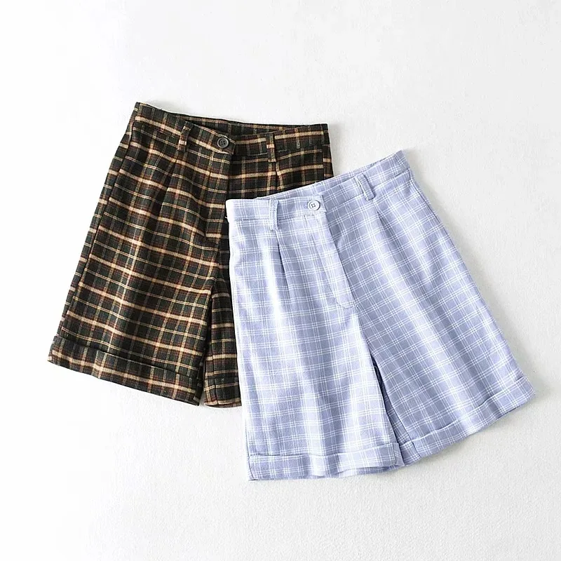 

Шорты женские в клетку с завышенной талией, повседневные шикарные винтажные короткие штаны, свободные прямые, в уличном стиле, на лето