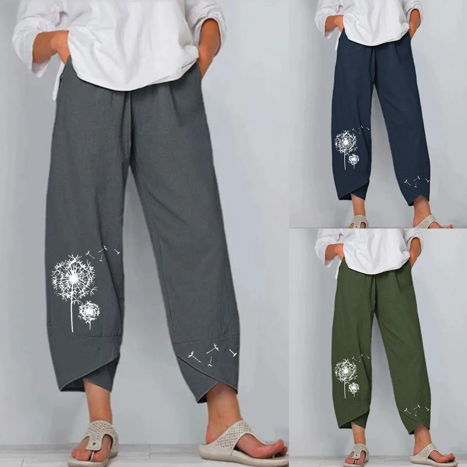 

Women Lady Casual Flowers print Elastic Girdle Waist Wide Leg Pants Trousers